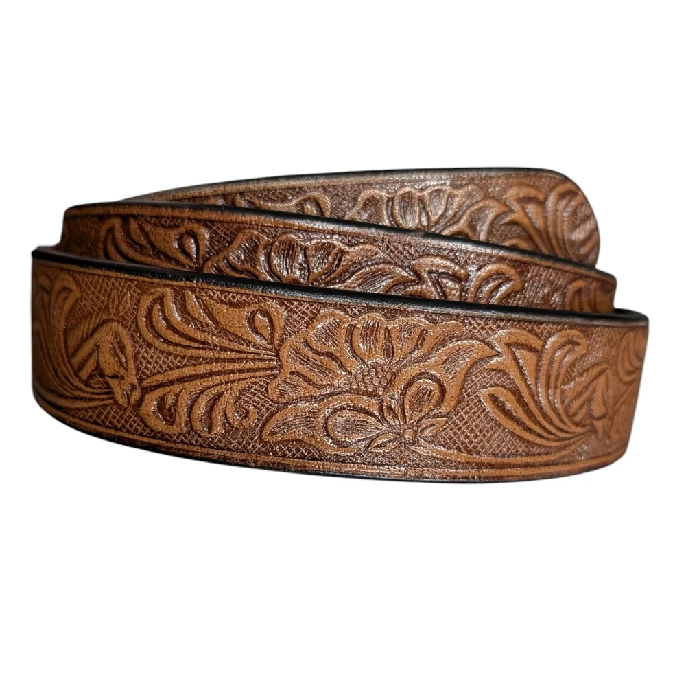C.L. Genuine Leather Brown Embossed Floral Horse Belt Silver Buckle Size 38 - Picture 1 of 16
